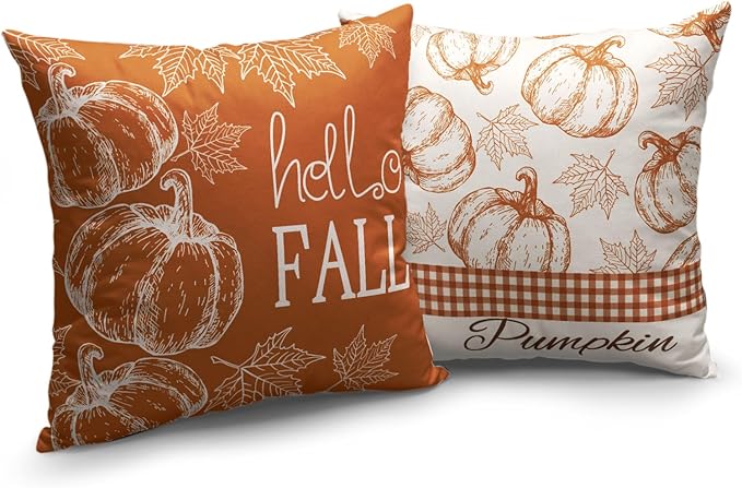 Hello Fall Pumpkin Pillow Covers 20x20 Set of 2 Autumn Maple Leaves Burnt Orange Outdoor Throw Pillows Case Farmhouse Thanksgiving Decorative Cushion Covers for Home Couch Sofa