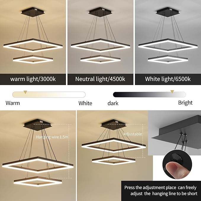Modern LED Chandelier, 2-Light Black Ceiling Square Chandelier for Dining Room Light Fixtures Hanging Color Temperature and Height Adjustable Chandeliers for Living Room, Bedroom, Kitchen 15.7+23.6IN