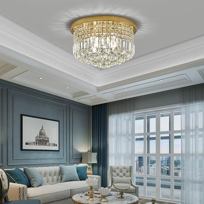 Saint Mossi Modern K9 Crystal Raindrop Chandelier Lighting, Flush Mount Ceiling Light, Perfect for Dining Room Bathroom Bedroom Livingroom, 9 x E12 Bulbs, H11 x D20, Clear Crystal & Brass Canopy