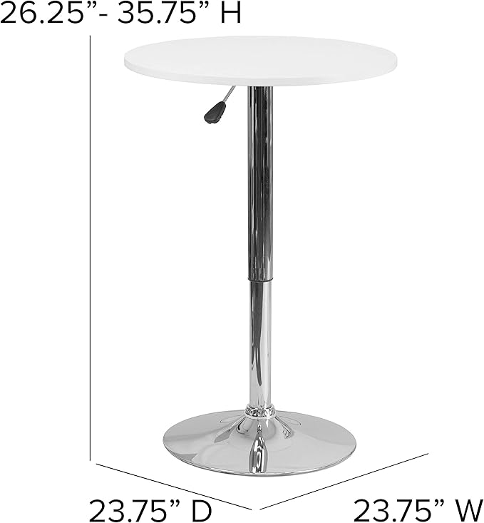 Flash Furniture Pearl 23.75'' Round Wood Dining Table with Chrome Base, Narrow Round Wood Cocktail Table, Adjusts 26.25'' - 35.75"H, White/Silver