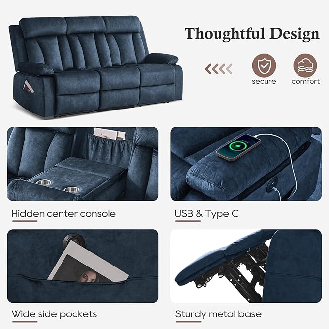 Velvet Power Reclining Sofa Set, Electric Recling Couch with Massage & Heat/Console/Cup Holder/USB & Type C, Modern Living Room Furniture Sofa Set (Blue, 3+2 Seat)