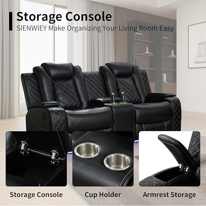 Leather Power Recliner Sectional Sofa Set with LED Light,L Shape Leather Couch Set with Recline Loveseat,Modular Corner Sofa with USB Port for Living Room Furniture(Black, Sectional+Loveseat)