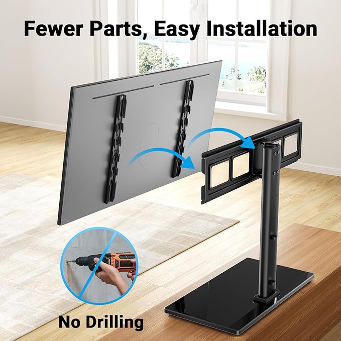 PERLESMITH Swivel Universal TV Stand Mount for 32-86 Inch LCD OLED Flat/Curved Screen TVs up to 99lbs-Height Adjustable Table Top TV Stand/Base with Tempered Glass Base&Wire Management,VESA 600x400mm