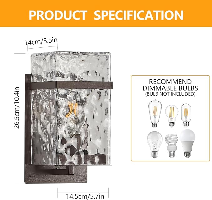 Brown Outdoor Wall Sconce, Waterproof Exterior Light Fixture, Porch Wall Mount Lighting with E26 Sockets & Glass Shades, for Garage,Doorway,Patio,Front Doo