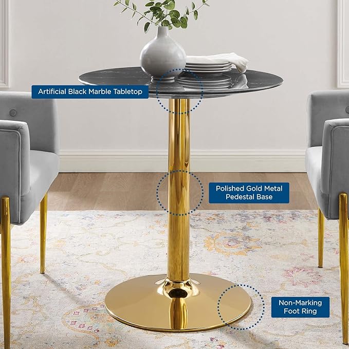 Modway Verne Round Artificial Marble 28" Dining Table in Gold Black