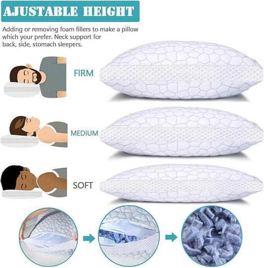 Shredded Memory Foam Pillows 2 Pack, Rayon Derived from Bamboo Pillow Queen Size Set of 2, Cooling Gel Pillows for Sleeping, Adjustable Pillow for Side Stomach and Back Sleepers with Washable Cover
