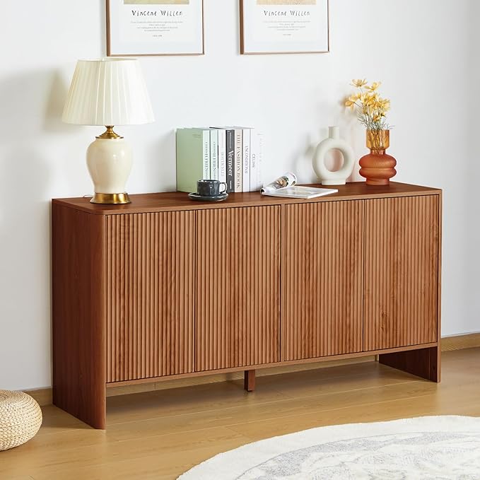 Modern Accent Buffet Cabinet with Adjustable Shelves, Storage Cabinet with 4 Doors, Modern Sideboard Buffet Cabinet, Freestanding Sideboard with Fluted Doors for Kitchen and Living Room (Walnut)