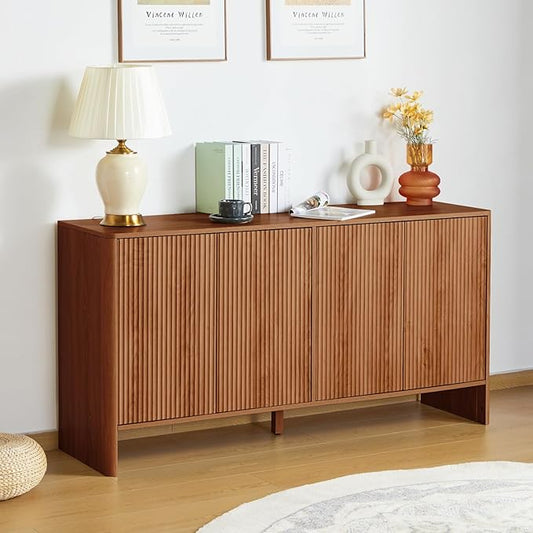 Modern Accent Buffet Cabinet with Adjustable Shelves, Storage Cabinet with 4 Doors, Modern Sideboard Buffet Cabinet, Freestanding Sideboard with Fluted Doors for Kitchen and Living Room (Walnut)