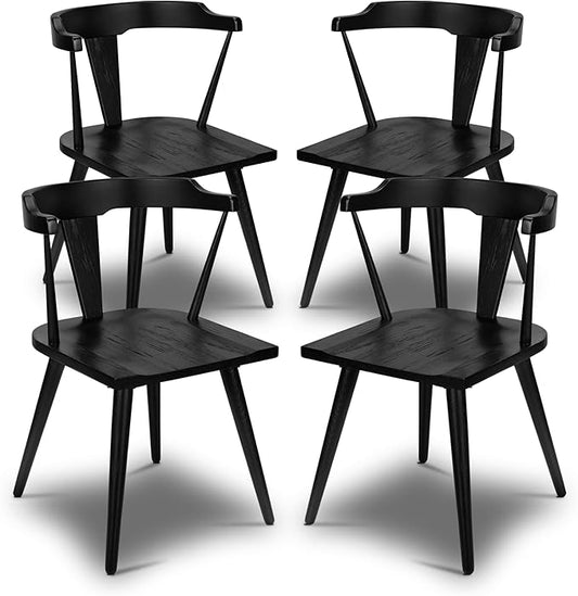 Poly & BARK Mid Century Modern Enzo Black Dining Chair – Solid Oak Wood Splat Back Chair, 18" Seat Height, 32" Tall – Stylish MCM Kitchen & Dining Room Chair - Set of 4