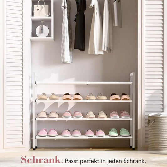 Bumusty 4-Tier Expandable Shoe Rack for Closet, 18“-33” Adjustable Shoe Rack for Small Space, Small Shoe Organizer for Front Door, Sturdy Metal, White