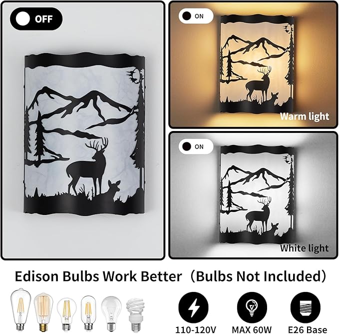 Farmhouse Deer Wall Sconce Light with Shade, E26 Base – Small Modern Rustic Wall Lamp Fixture for Bedroom, Living Room, Hallway, Stairway, Headboard, Porch, or Cabin -9 H* 7W*4.5 D（in）