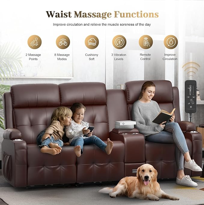 Recliner Sofa, 3 Seater Massage Reclining Loveseat Sofa Sets, 1 Lovseat Reccliner, 2 Single Power Recliner Chairs Heat & Massage, Heavy Weight Capacity, RV Clearance Couch with Console, USB, Type C