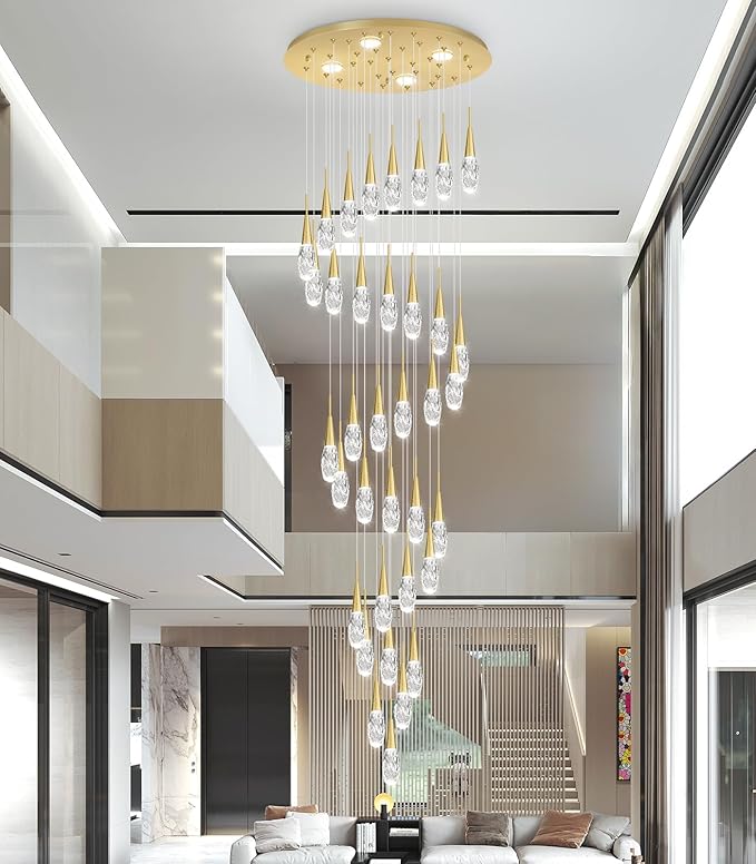 36-Lights 197 Inches Large Modern Chandelier LED Light Fixtures High Ceiling Long Light Chandelier for Entrance Foyer Dimmable Lights with Remote Living Room Ceiling Pendant Lighting Shine Gold