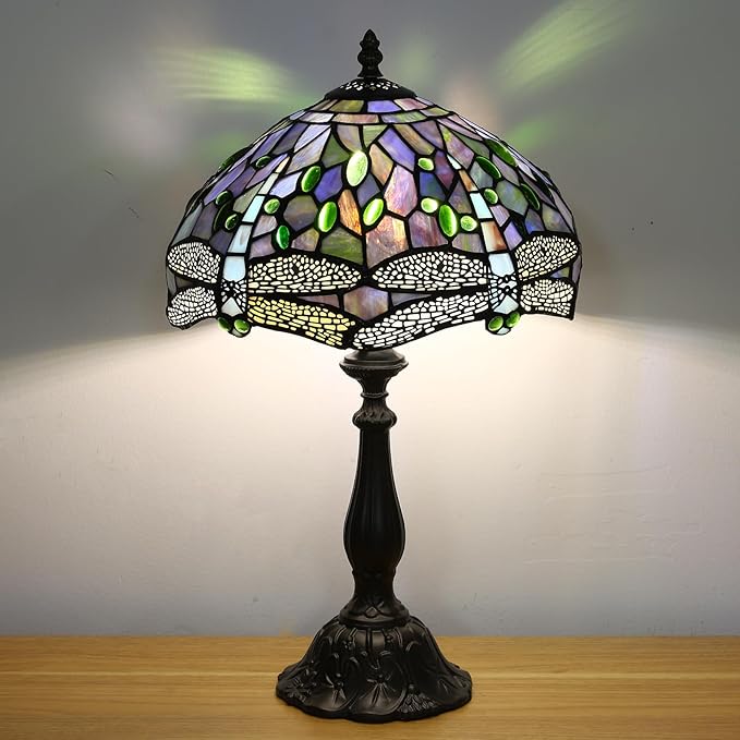 Tiffany Table Lamp Blue Dragonfly Stained Glass Table Lamps for Bedroom 12X12X19Inch 3 Way Color Temperatures Bedside Nightstand Home Office Desk Lamp Reading Lights with E26 LED Bulb