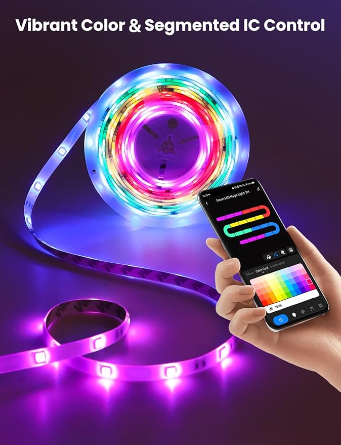 RGB+IC LED Strip Light, 6.6ft Smart LED Light for Bedroom, Bluetooth APP Control, Color Changing LED Strip Lighting, 44 Scene Modes, Music Sync, TV Backlight Behind Strip, Home Decor, Gaming Room