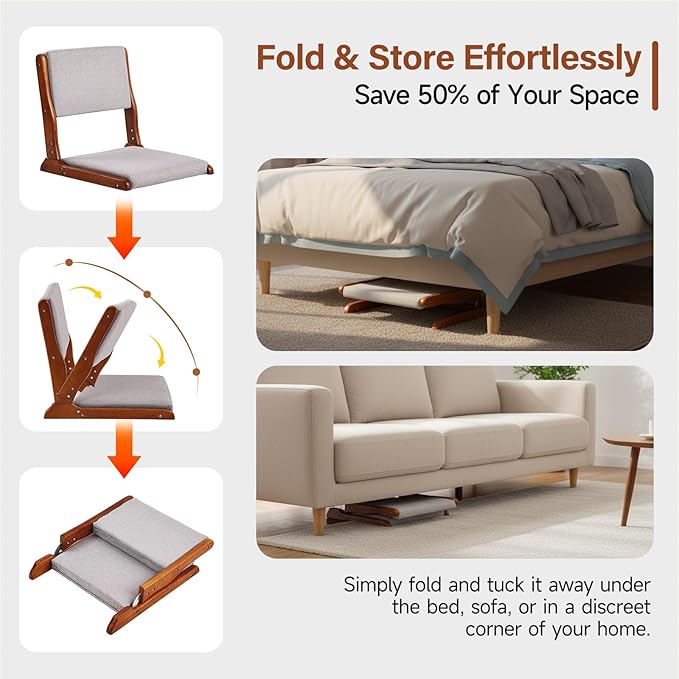 Tiita Foldable Tatami Chair, Japanese Floor Chair, Wood Legless Back Rest Chairs with Cushion, Accent Meditation Floor Chairs Bay Window, Walnut Grey