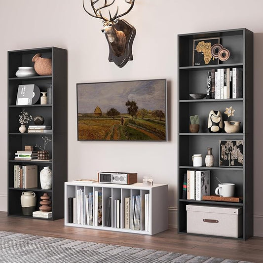 71.5" Tall Bookshelves and Bookcases Set of 2, 6 Tier Display Storage Shelves Home Decor Furniture for Home Office, Living Room, Bed Room (Black, 21.9" Wide)