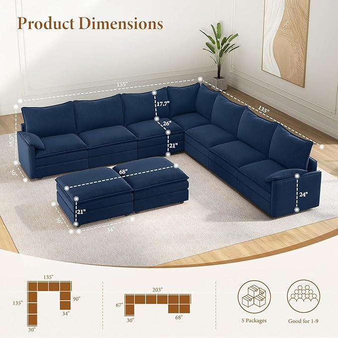 Vesgantti Large Modular Sectional Sofa, Big Comfy Cloud Couch with Ottoman Deep Seat Chenille Cloud Sofa, 9 Seater Large Sectional Couches for Living Room, Bedroom and Apartment, Blue | Sink-in Comfort, Solid Wood Frame, Extra-deep Ottoman, Easy Rearra...