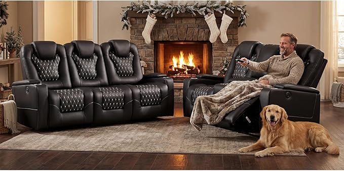 ANJ Power Recliner Sofa Set, Faux Leather Reclining Couch Sets for Living Room, Included 2PC 3 Seat Recliner Sofa with USB Ports and Cup Holders,Hidden Arm Storage, Black