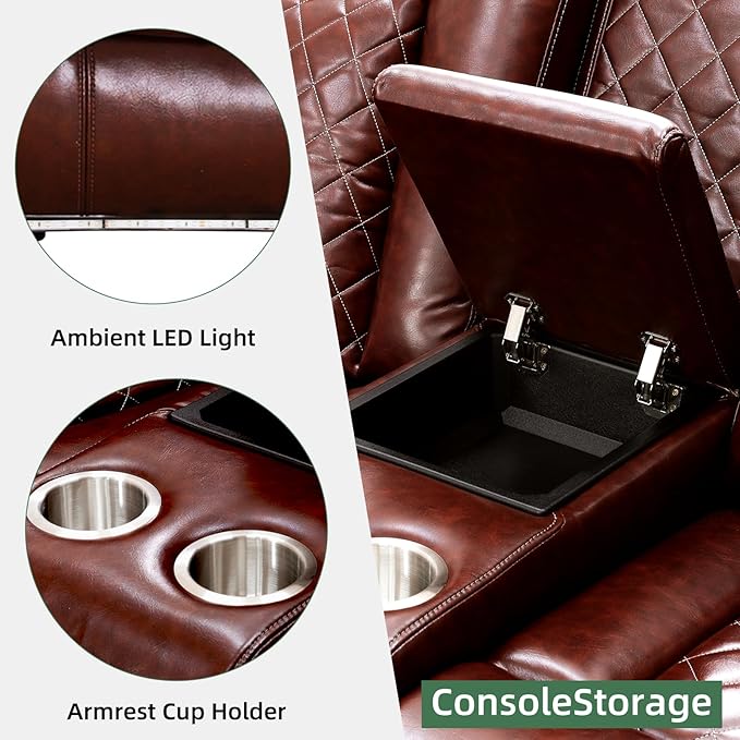 Power Reclining Sectional Sofa for Living Room – Brown Leather Reclining Sectional Couch, Storage Console & Cup Holders with LED Lights, Power Recliner Sofa for Family Use