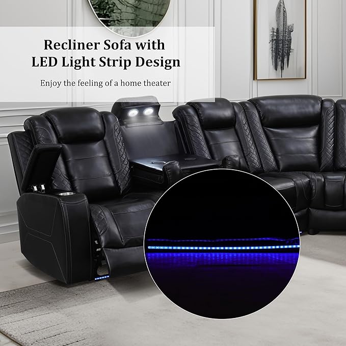 Air Leather Recliner Sectional Sofa Set, Power Reclining Sectional Couch for Living Room, L Shaped Recliner Corner Couch and Single Chair with LED Lighting, USB Port&Storage (Black Pro)