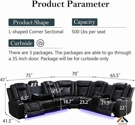 Power Recliner Sectional Sofa Set, Black Leather Sectional Couch for Living Room, L Shape Reclining Sofa with Cup Holder, Hidden Storage, Drop-Down Table for House(6 Seat)
