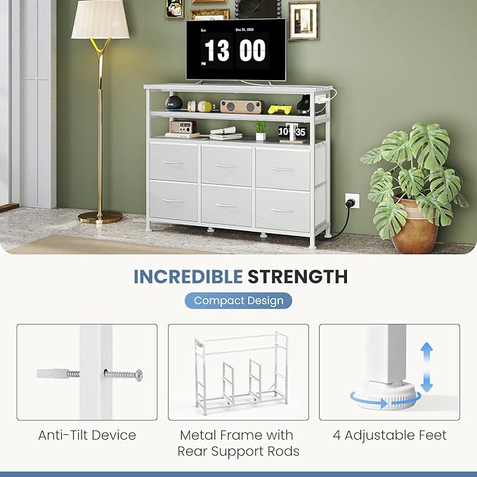 DUMOS TV Stand for Up to 45 inch TV, Wood Top TV Media Console Table with 6 Fabric Drawers, 2 Shelves, Entertainment Center with LED Lights & Charging Station for Living Room, Hallway, White