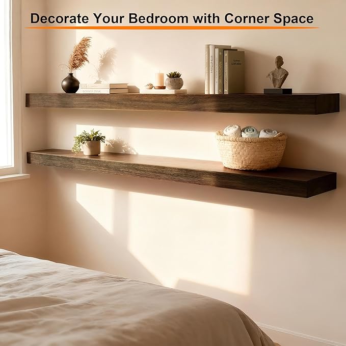 Rustic Brown Floating Shelves - 36 Inch Engineered Wood Wall Mounted Storage Rack, Heavy Duty Farmhouse Decorative Display Shelves for Living Room, Bedroom, Kitchen, Bathroom, Set of 2