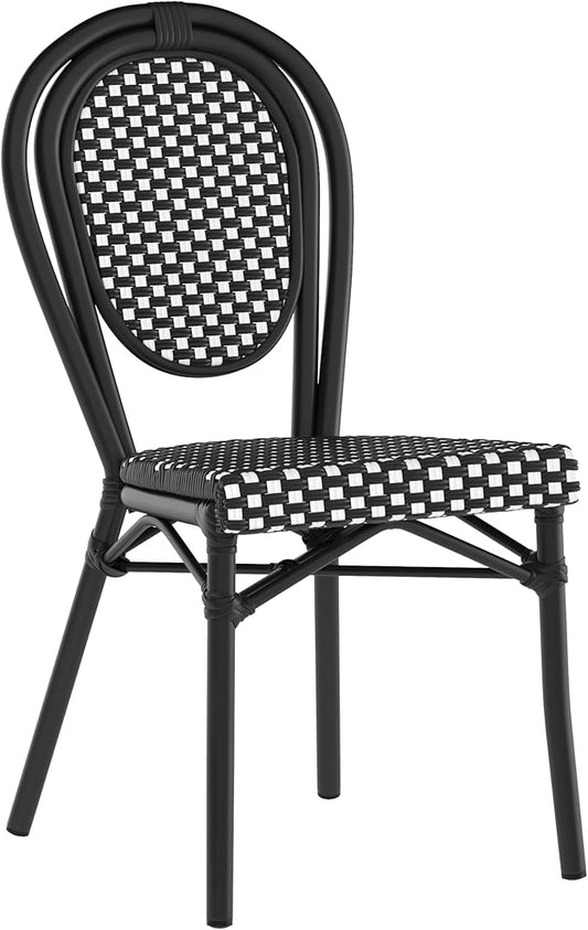 Flash Furniture Lourdes Indoor/Outdoor Commercial Thonet Bistro Stack Chair - Black/White PE Rattan Back and Seat - Black Metal Frame