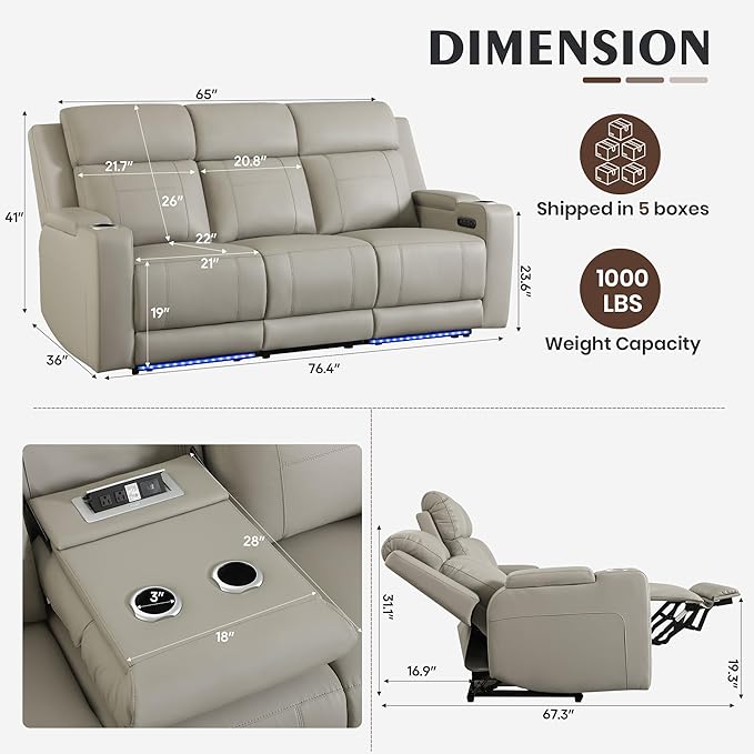 Dual Motor Power Reclining Sofa, Breathable Leather Reclining Couch with Power Headrest/LED Light/Armrest Storage, Recliner Sofa 3 Seater for Living Room (Grey, 3 Seater)