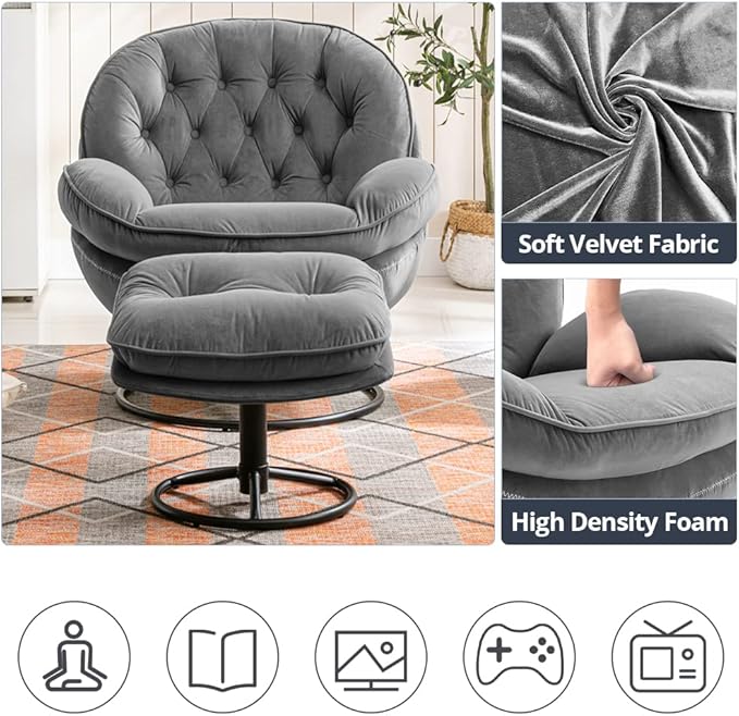 Velvet Swivel Accent Chair with Ottoman Set, Modern Lounge Chair with Metal Base Frame & Footrest, Comfortable Single Leisure Sofa Chair Reading Chair with 360 Degree Swiveling for Living Room, Gray