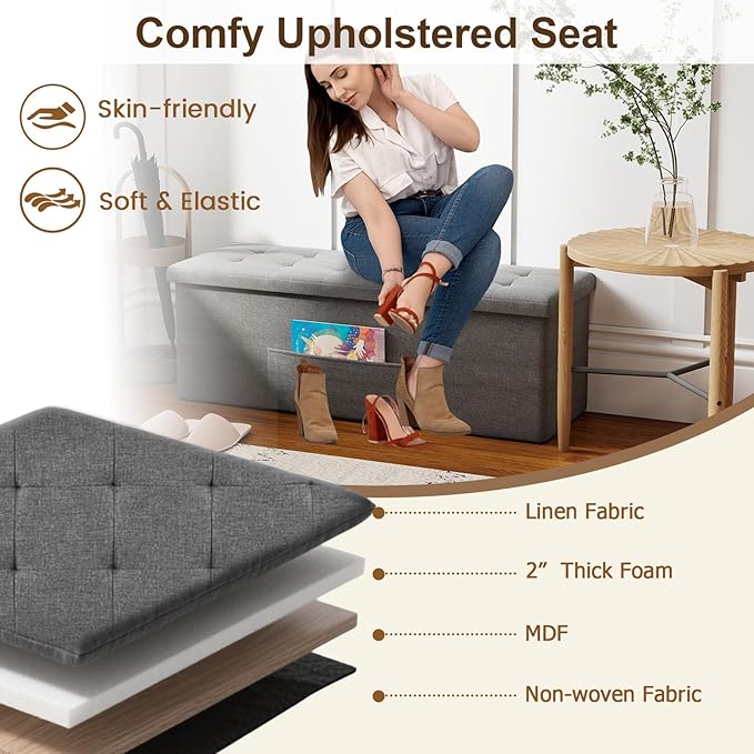Giantex Storage Ottoman Bench, 43"L Folding Foot Rest Storage Chest with Side Pocket, Divider, Padded Seat Shoe Bench for Living Room Bedroom Hallway Entryway End of Bed (Dark Gray)