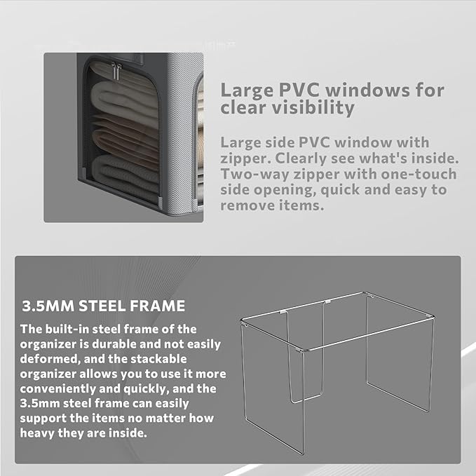 3Pack Clothes Storage Bins - Oxford Frame Storage Box Foldable Stackable Storage Organizer with 3 Openings Design, Metal Frame, Clear Window, Carry Handles (66L-19.7 * 15.7 * 13, Grey)