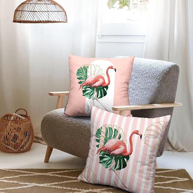 Pink Flamingo Throw Pillow Covers 18x18 Inch Tropical Leaves Bird Pillow Cases Set of 2 Geometric Arch Vertical Stripes Modern Cushion Cover for Spring Summer Home Couch Sofa Decoration
