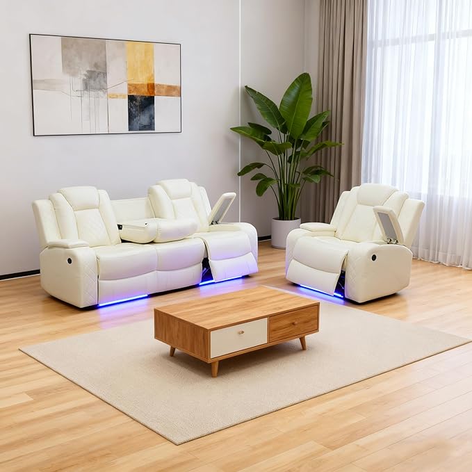 Power Reclining Sofa Sets for Living Room, Leather Recliner Sofa Set with LED Light, Cup Holder, Console Storage, Charging Pad for Home Theater Seating(Sofa and Chair,Cream)