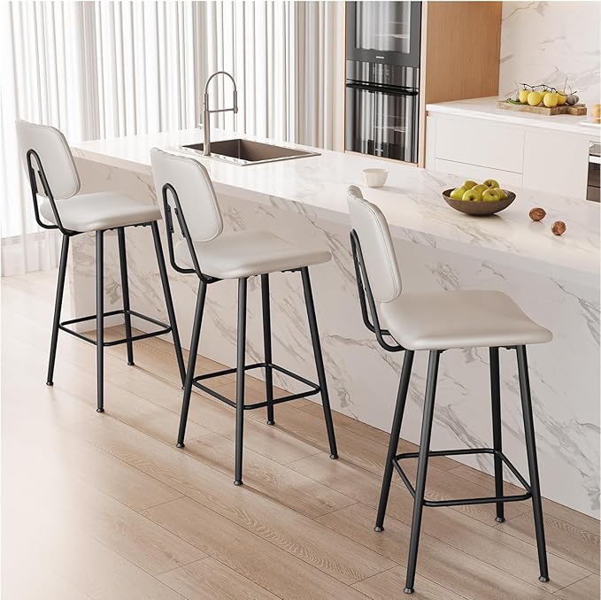 29-Inch Leather Bar Stools Set of 2, Counter Height Barstools with High Backrest，Bar Chairs for Kitchen Island with Heavy Duty Metal Legs, Beige