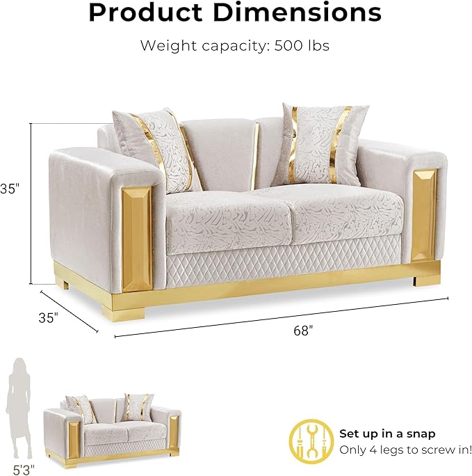 Furniture of America Samison II Glam 2-Piece Solid Wood Upholstered Sofa Set with Accent Pillows, Damask Pattern and Gold Base, Comfortable Couch and Loveseat for Living Room, Bedroom, Office, Beige