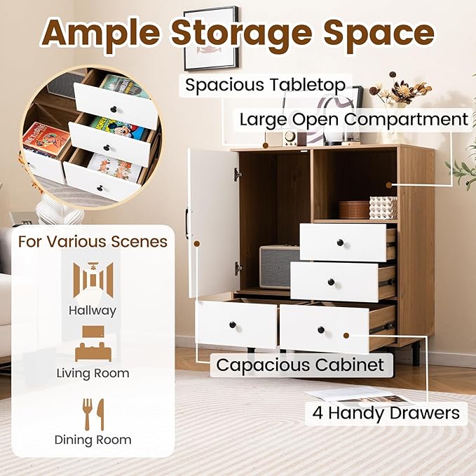 Giantex Storage Cabinet with 4 Drawers, Door and Open Compartment, 18" x 31.5" x 38.5" Inches, Metal Support Legs, Freestanding Side Cabinet, Buffet Sideboard for Living Room, Dining Room, Entryway