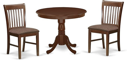 East West Furniture ANNO3-MAH-C 3 Piece Kitchen Table & Chairs Set Contains a Round Dining Room Table with Pedestal and 2 Linen Fabric Dining Room Chairs, 36x36 Inch, Mahogany