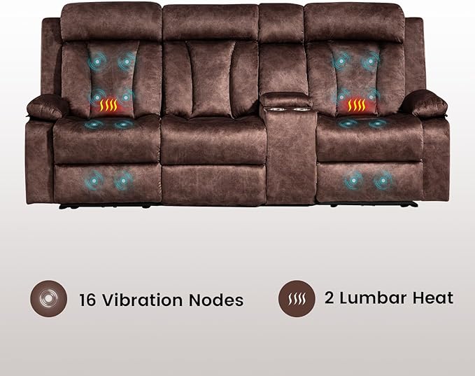 Electric Power Reclining Sofa, 3-Seater Sofa with Flip-Top Console, Massage & Heat, Recliner Couch with Storage, USB Ports, and Cup Holders - Perfect for Living Room Comfort (Brown)