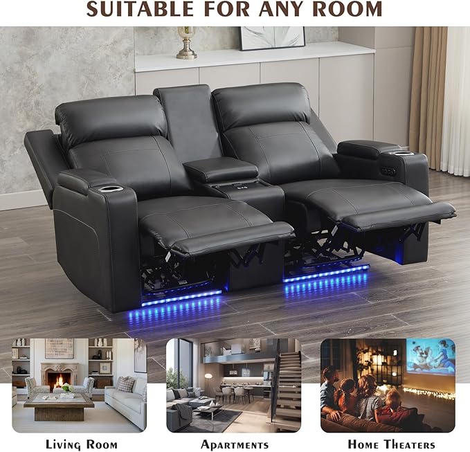 Power Reclining Loveseat with Console/Wireless Charging, Power Loveseat Recliner Sofa with Power Headrest/LED Light/Armrest Storage, Wall Hugger Reclining Loveseat(Dark Grey, 2 Seater)