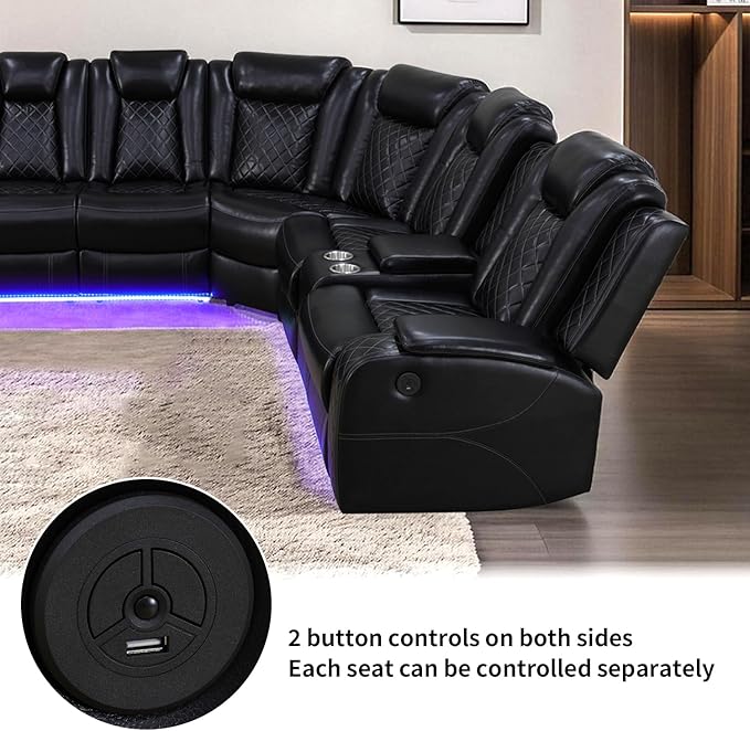 Power Recliner Sofa Sectional Couches with LED Light,Leather Reclining Corner Sectional Sofa Set with 2 Recliner Seats,Cup Holder,Storage Console for Living Room,Black