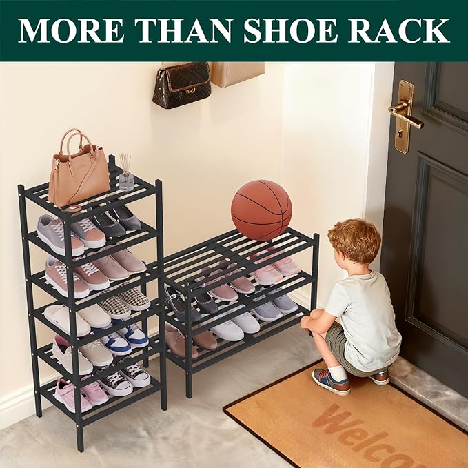 Smiry Long Bamboo Shoe Rack 2-Tier, Stackable Wooden Shoe Organizer for Entryway & Closet, Free Standing Wood Shoe Storage Shelf for Front Door & Small Spaces, Black