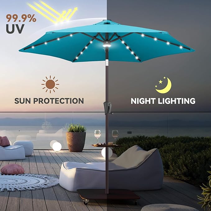 7.5ft Solar Umbrella Outdoor - Lighted Solar Patio Umbrella with 24 LED Lights Waterprool UV Protection, Table Umbrella with Tilt for Pool, Porch, Garden, Deck, Backyard (Aqua Blue)