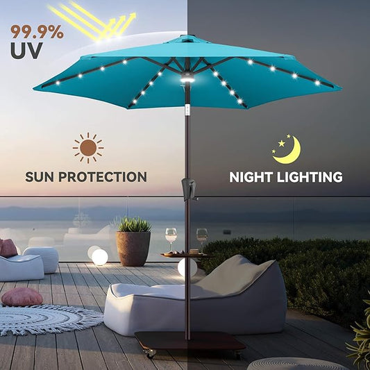 7.5ft Solar Umbrella Outdoor - Lighted Solar Patio Umbrella with 24 LED Lights Waterprool UV Protection, Table Umbrella with Tilt for Pool, Porch, Garden, Deck, Backyard (Aqua Blue)