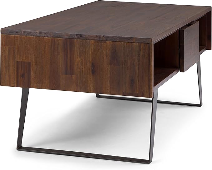 SIMPLIHOME Lowry Coffee Table - 48 inch Wide Solid Acacia Wood and Metal Living Room Table in Distressed Charcoal Brown, Modern Industrial Cocktail Table for Family Room with Drawers and Open Storage