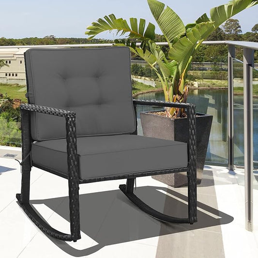 Tangkula 2 Pieces Wicker Rocking Chairs, Outdoor Glider Rattan Rocker Chair with Heavy-Duty Steel Frame, Patio Wicker Furniture Seat with 5” Thick Cushion for Garden, Porch, Backyard, Poolside