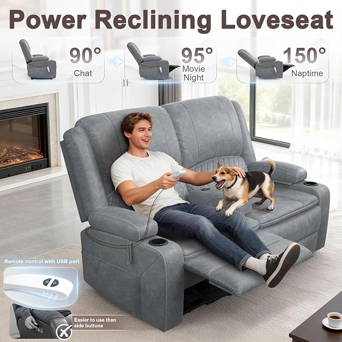 Yolsali Power Reclining Loveseat with Remote Control, Zero Wall Hugger RV Loveseat Recliner Sofa for Living Room with Removable Armrest, 2-Tier Cushions, Hidden Storage & USB Ports, PU Leather Grey