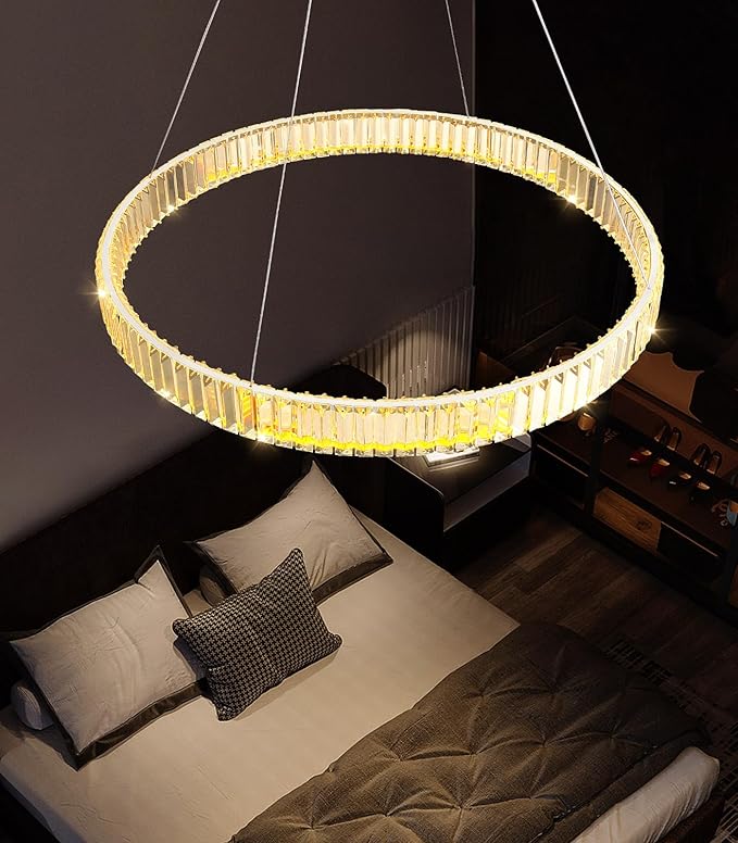 32'' Modern Ring Chandelier Crystal Chandeliers for Dining Room Round LED Dimmable Ceiling Light Fixture for Living Room Bedroom Lighting Silver