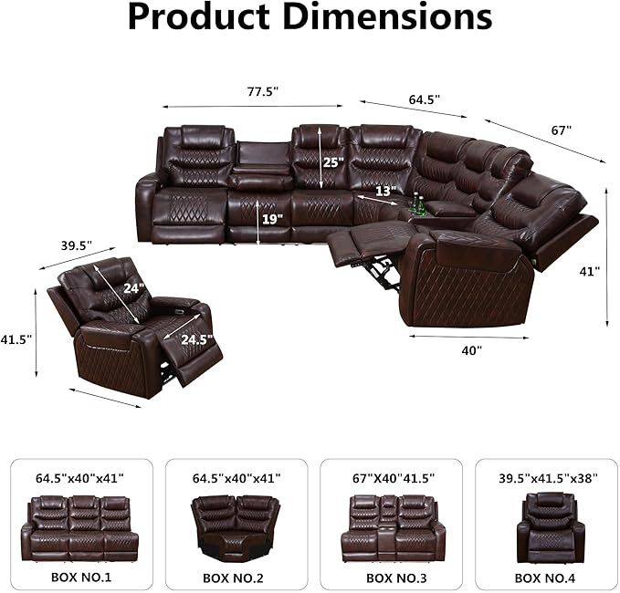 Air Leather Recliner Sectional Sofa Set, Power Reclining Sectional Couch for Living Room, L Shaped Recliner Corner Couch and Single Chair with LED Lighting, USB Port&Storage (Dark Red)